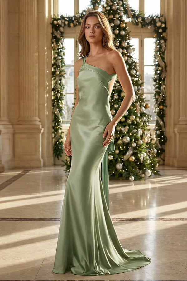 Yellow - One Shoulder Sheath Satin Backless Long Prom Dresses - KissProm