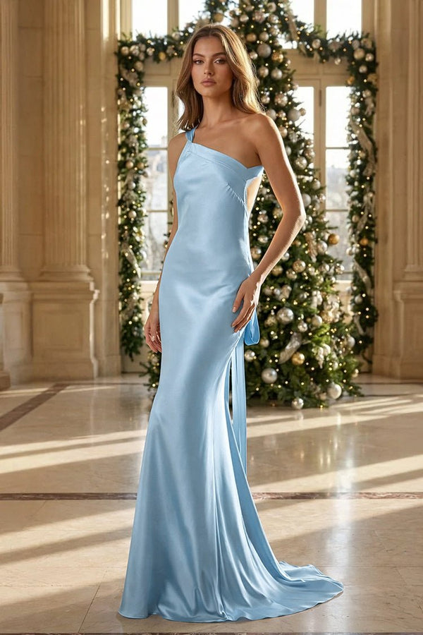 Yellow - One Shoulder Sheath Satin Backless Long Prom Dresses Yellow - One Shoulder Sheath Satin Backless Long Prom Dresses