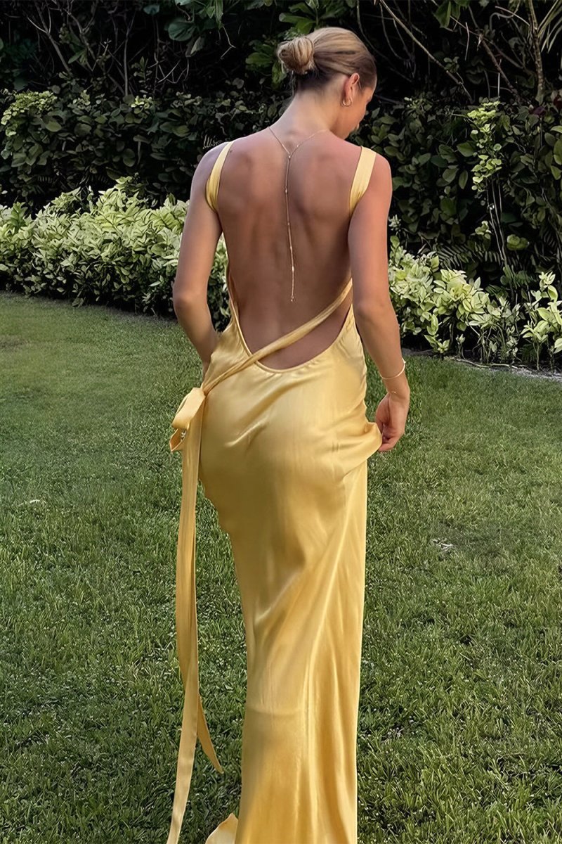 Celvany | Yellow - One Shoulder Sheath Satin Backless Long Prom Dresses - KissProm