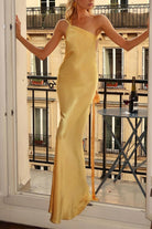 Celvany | Yellow - One Shoulder Sheath Satin Backless Long Prom Dresses - KissProm
