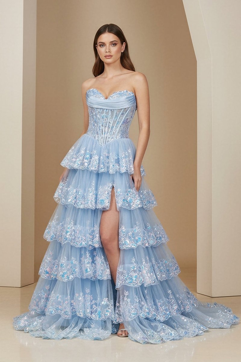 Ceriel | Sky Blue - Strapless A Line Sequined Lace Long Formal Prom Dresses With Ruffles - KissProm