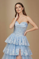 Ceriel | Sky Blue - Strapless A Line Sequined Lace Long Formal Prom Dresses With Ruffles - KissProm