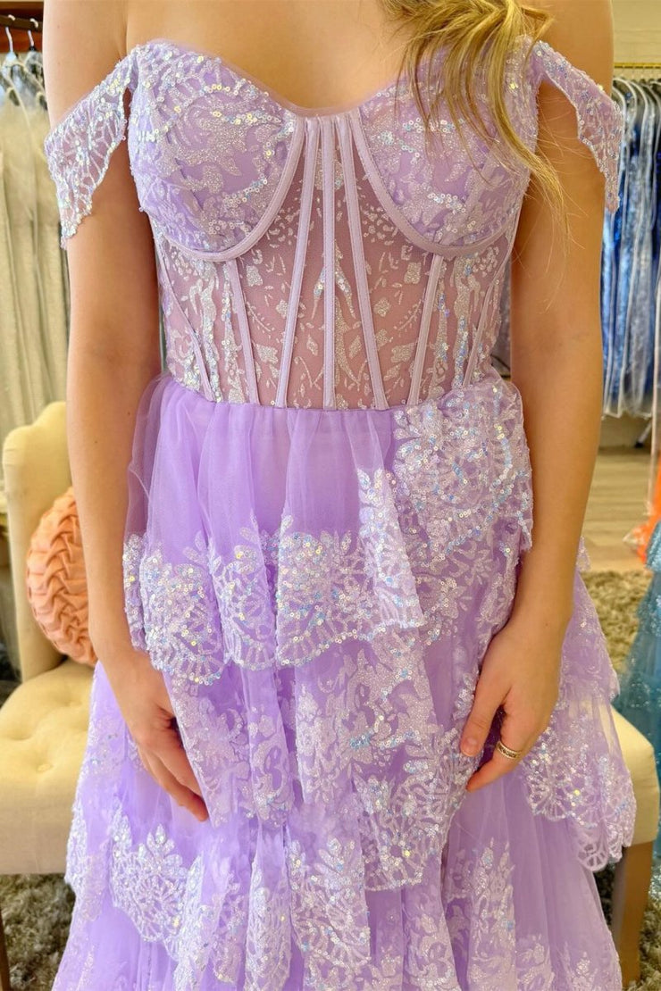 Ceryn | Pink Sequin Appliques Off-the-Shoulder Ruffle Tiered Long Gown main image 1