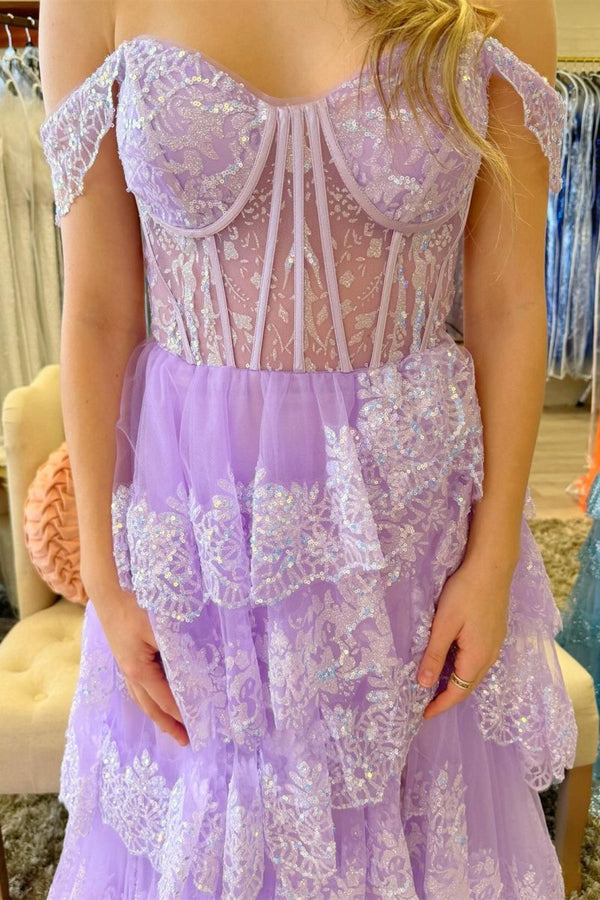 Pink Sequin Appliques Off-the-Shoulder Ruffle Tiered Long Gown – Prom Dresses by KissProm | Available at KissProm