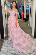 Pink Sequin Appliques Off-the-Shoulder Ruffle Tiered Long Gown – Prom Dresses by KissProm | Available at KissProm