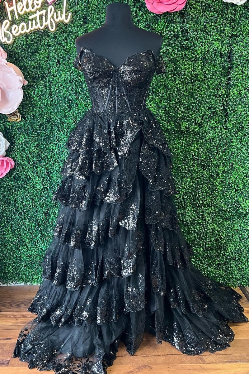 Pink Sequin Appliques Off-the-Shoulder Ruffle Tiered Long Gown – Prom Dresses by KissProm | Available at KissProm