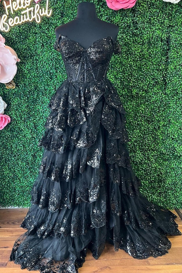 Pink Sequin Appliques Off-the-Shoulder Ruffle Tiered Long Gown – Prom Dresses by KissProm | Available at KissProm