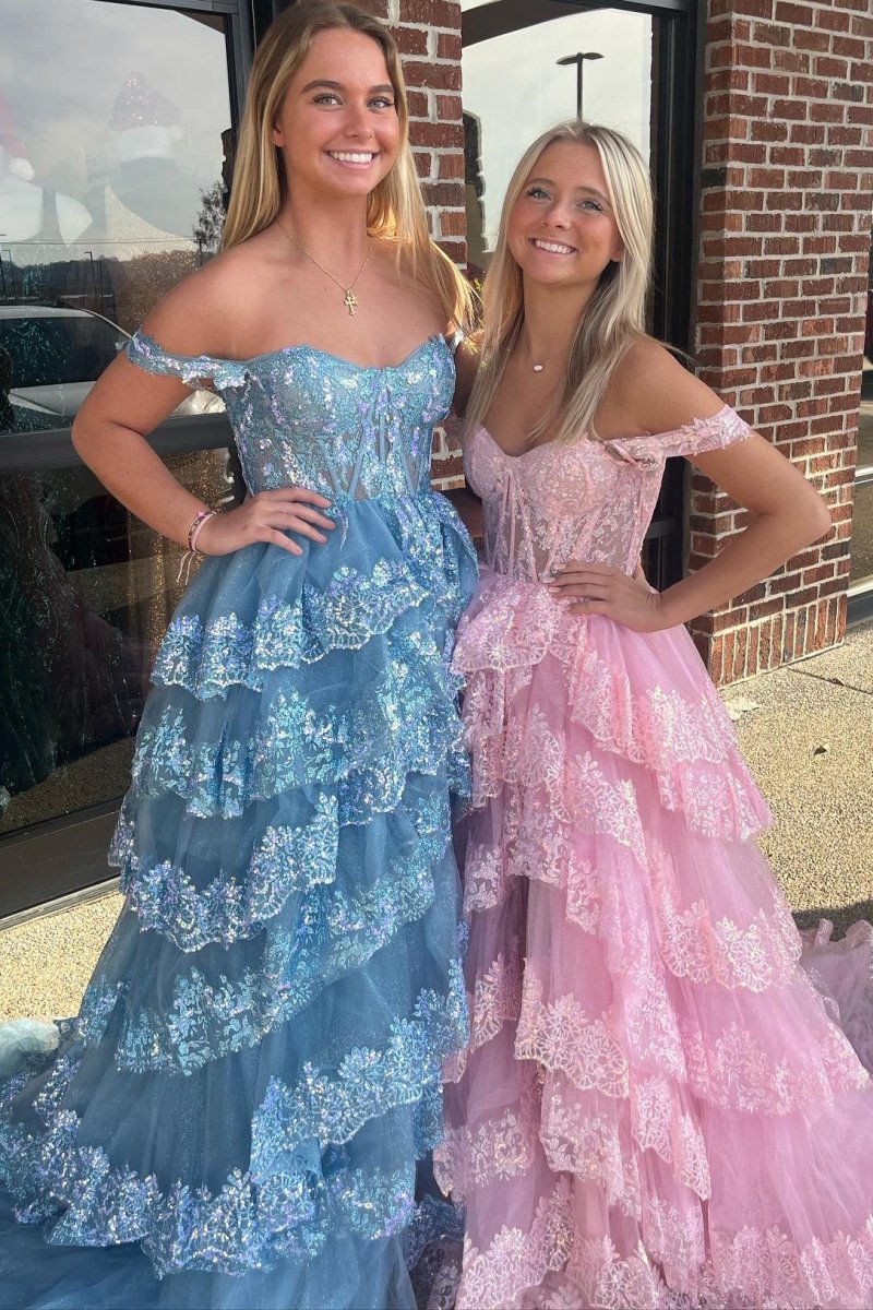 Sky Blue Sequin Appliques Off-the-Shoulder Ruffle Tiered Long Gown – Prom Dresses by KissProm | Available at KissProm