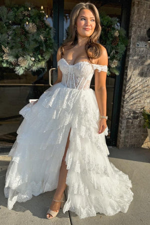 Pink Sequin Appliques Off-the-Shoulder Ruffle Tiered Long Gown – Prom Dresses by KissProm | Available at KissProm