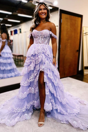 Pink Sequin Appliques Off-the-Shoulder Ruffle Tiered Long Gown – Prom Dresses by KissProm | Available at KissProm