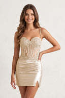 Vira |  Bodycon Satin Sequined Corset Homecoming Dresses with Lace Appliques