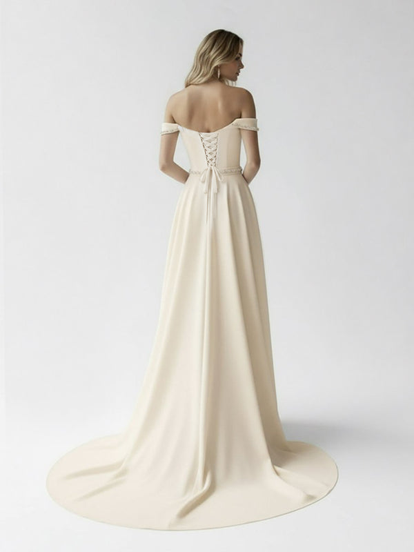 A - Line Off the Shoulder Beaded Wedding Dress– Wedding Dresses by KissProm | Available at KissProm