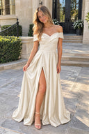 Champagne A-Line Prom Dresses Celebrity Style Dress Christmas Sleeveless Off The Shoulder Satin with Slit | KISSPROM
