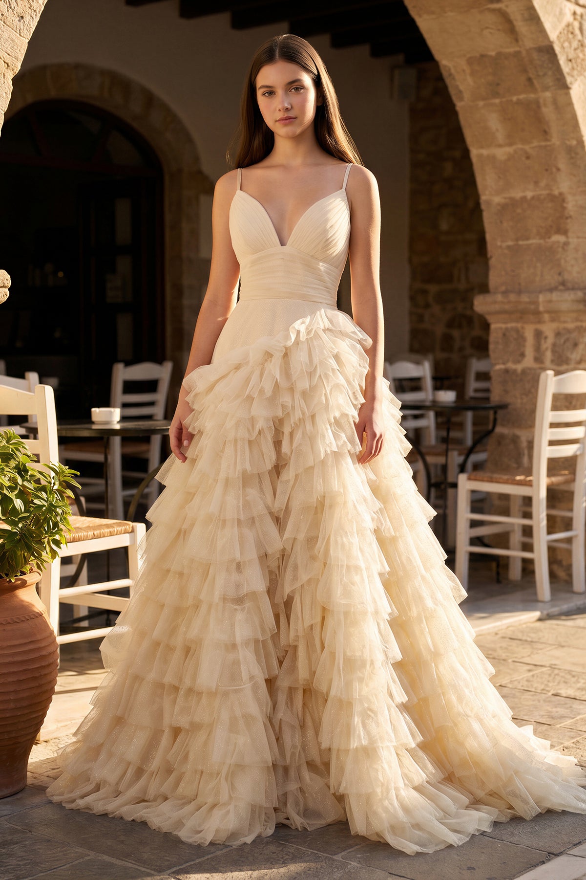 KissProm A-Line Spaghetti Straps Tiered Tulle Prom Dress, Champagne / 10