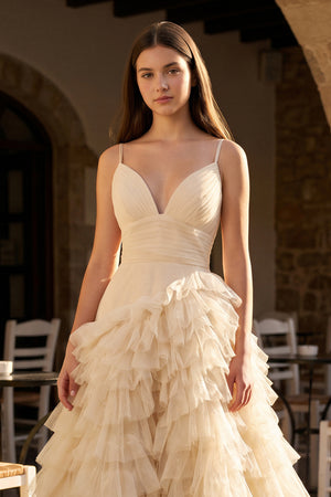 A-Line Spaghetti Straps Tiered Tulle Prom Dress - KissProm 
