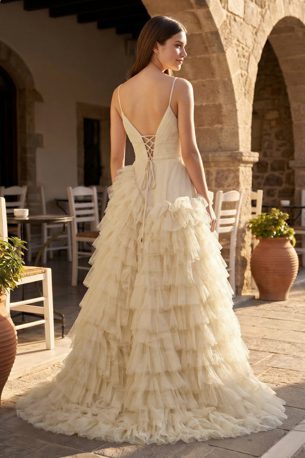 A-Line Spaghetti Straps Tiered Tulle Prom Dress - KissProm  