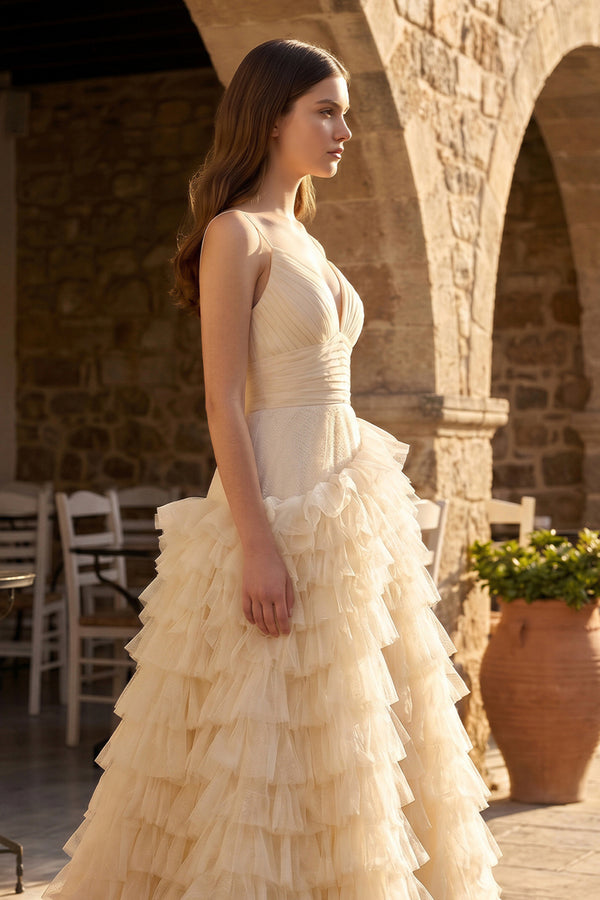 A-Line Spaghetti Straps Tiered Tulle Prom Dress - KissProm  