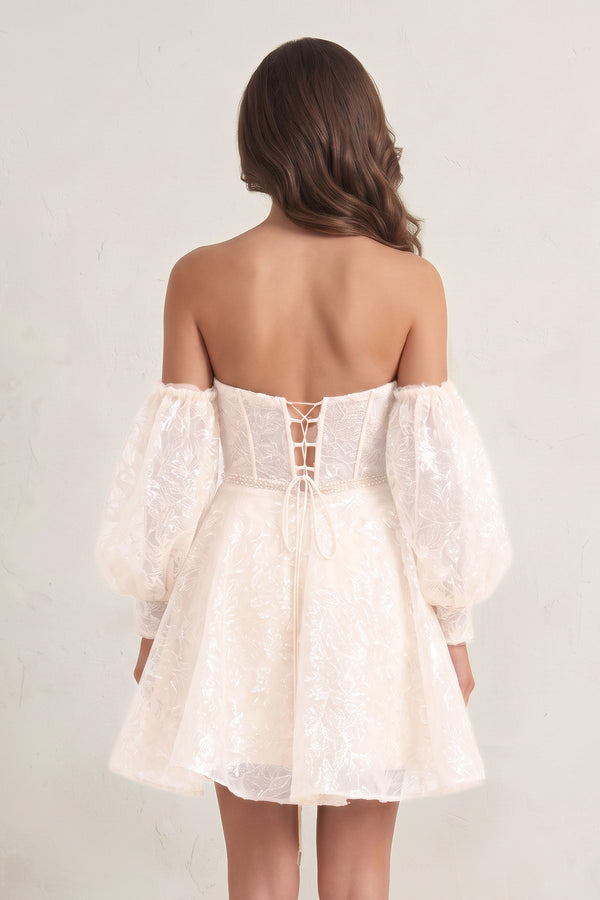 Champagne A Line Sweetheart Corset Homecoming Dress with Sleeves (2) | KISSPROM