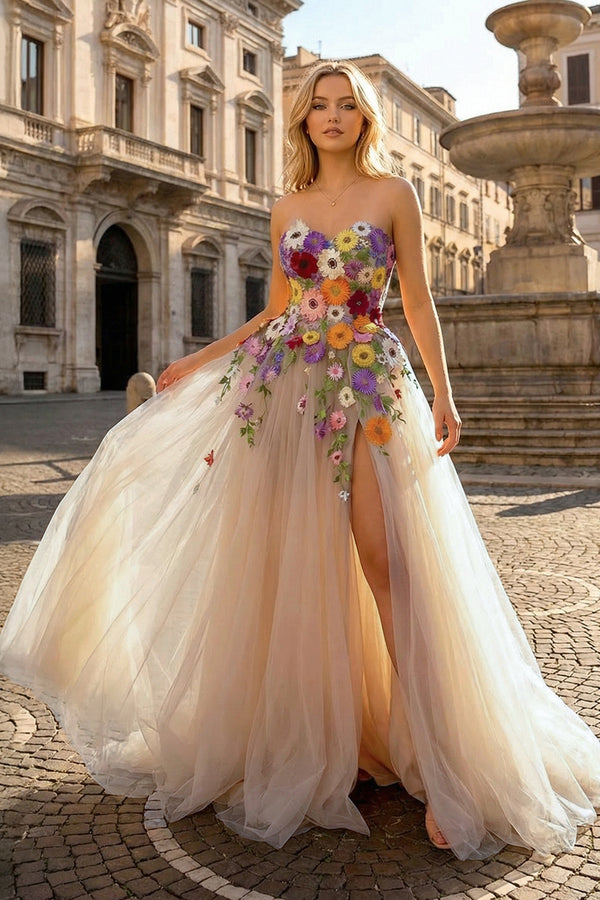 KissProm-Champagne A Line Sweetheart Flower Long Prom Dress With Appliques