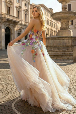 KissProm-Champagne A Line Sweetheart Flower Long Prom Dress With Appliques