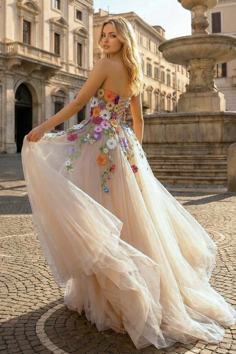 Champagne A Line Sweetheart Flower Long Prom Dress With Appliques, Champagne / 2