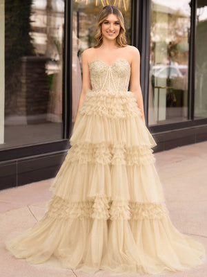 A-Line Sweetheart Tiered Long Tulle Prom Dress - Kissprom