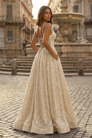 KissProm-Champagne  A-line V Neck Sequins Long Prom Dress