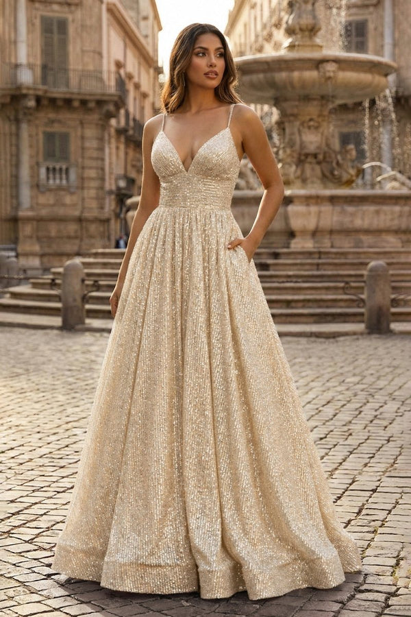 Hayden Pink A-line V Neck Sequins Long Prom Dress with Pockets