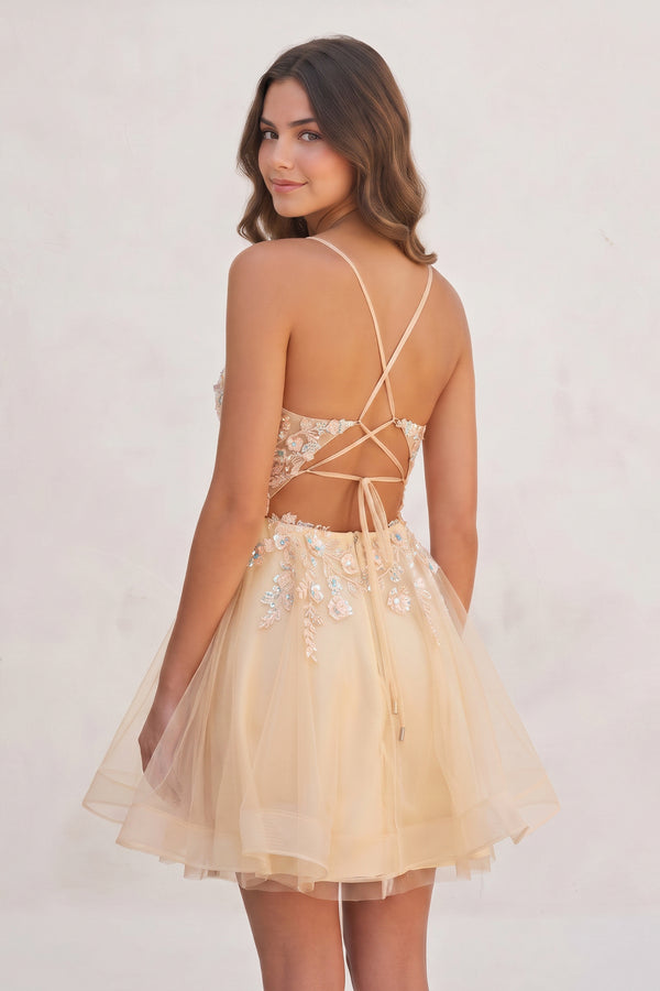 Champagne A Line V Neck Tulle Sequined Homecoming Dresses with Appliques (2) | KISSPROM