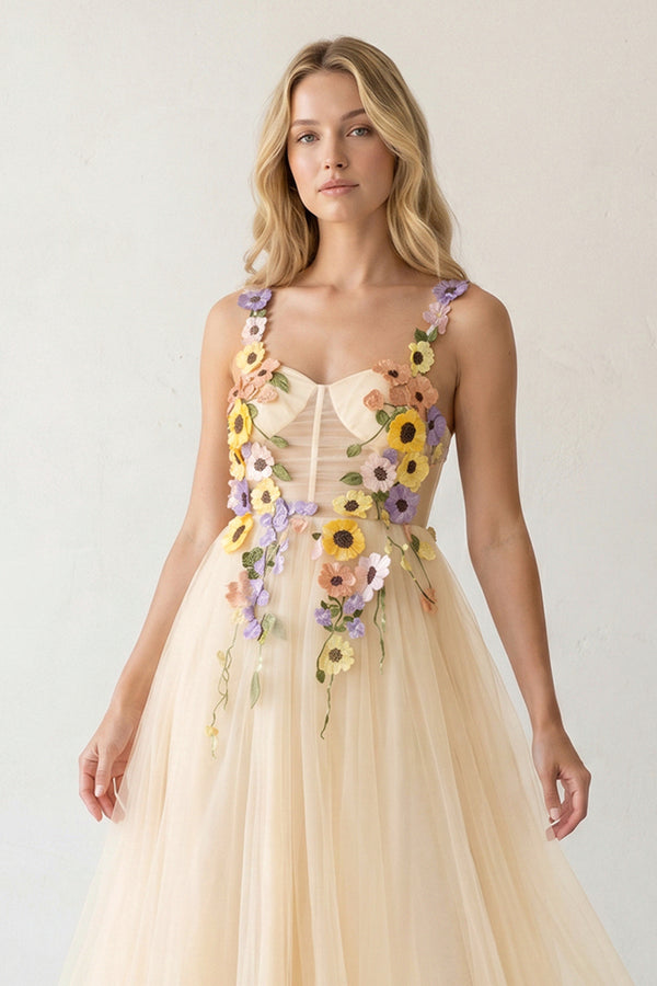 Champagne Amabel 3D Flower Tulle Ankle Length Prom Dresses-KISSPROM
