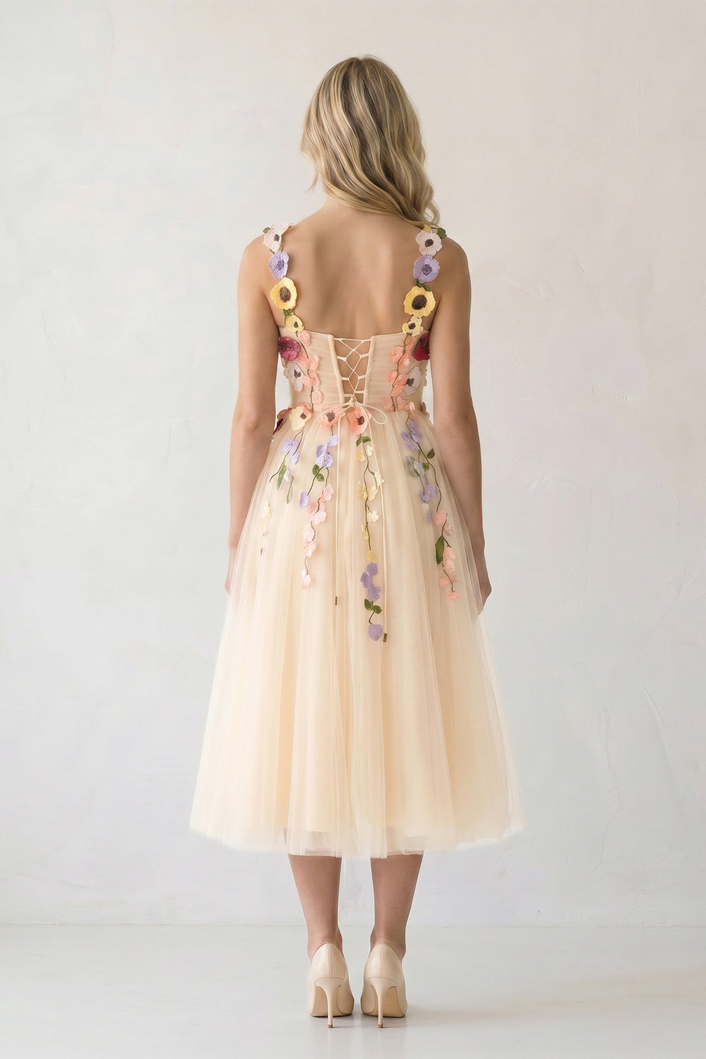 Champagne Amabel 3D Flower Tulle Ankle Length Prom Dresses - KISSPROM