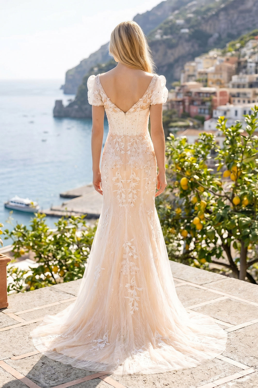 Champagne Appliques Square Neck Puff Sleeves Long Prom Dress - KISSPROM