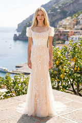 Champagne Appliques Square Neck Puff Sleeves Long Prom Dress - KISSPROM