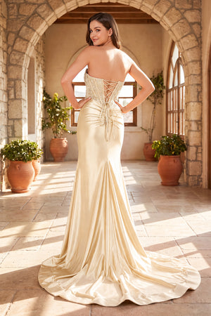 Champagne Beaded Strapless Applique Formal Dress with Slit (2) | KISSPROM