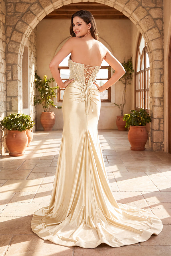 Champagne Beaded Strapless Applique Formal Dress with Slit (2) | KISSPROM