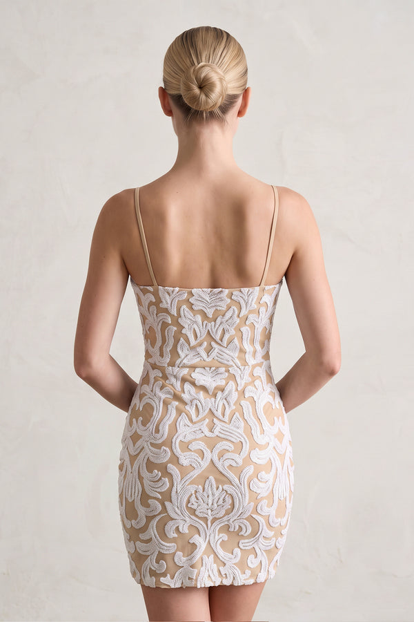 Champagne Bodycon Spaghetti Straps Sequin Lace Mini Homecoming Dresses (2) | KISSPROM
