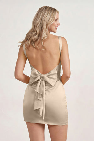 Champagne Bodycon V-Neck Satin Short Homecoming Dress with Bow (2) | KISSPROM