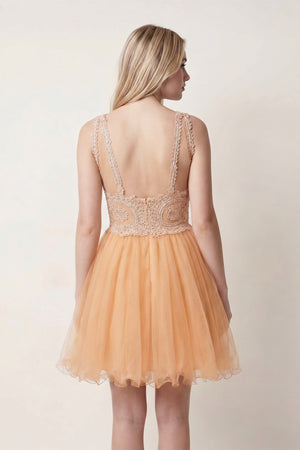 Champagne Embellished Embroidery Tulle Short Homecoming Dress - KISSPROM
