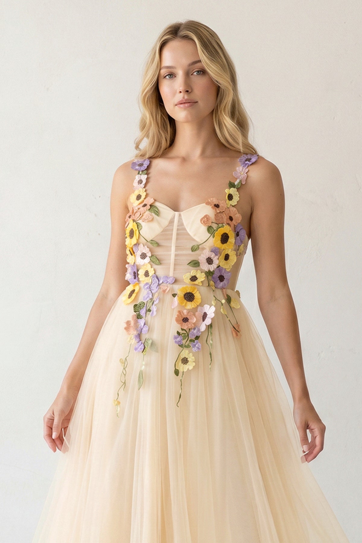 KissProm 3D Flower Tulle Tea Length Prom Dresses, Champagne / 22