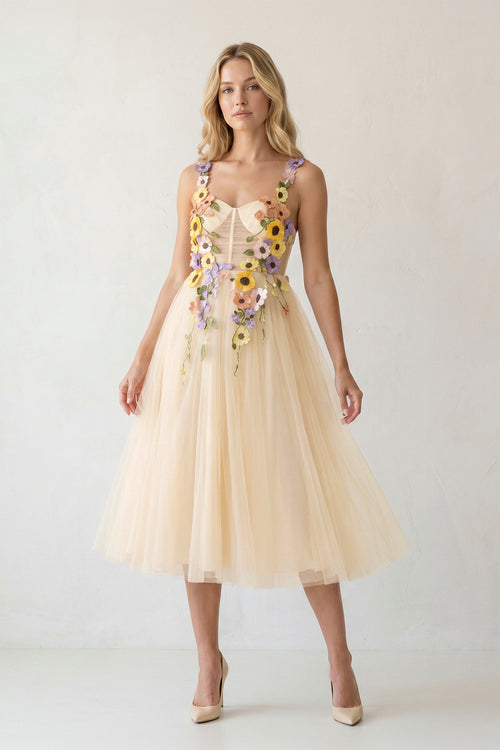 KissProm 3D Flower Tulle Tea Length Prom Dresses, Champagne / 22