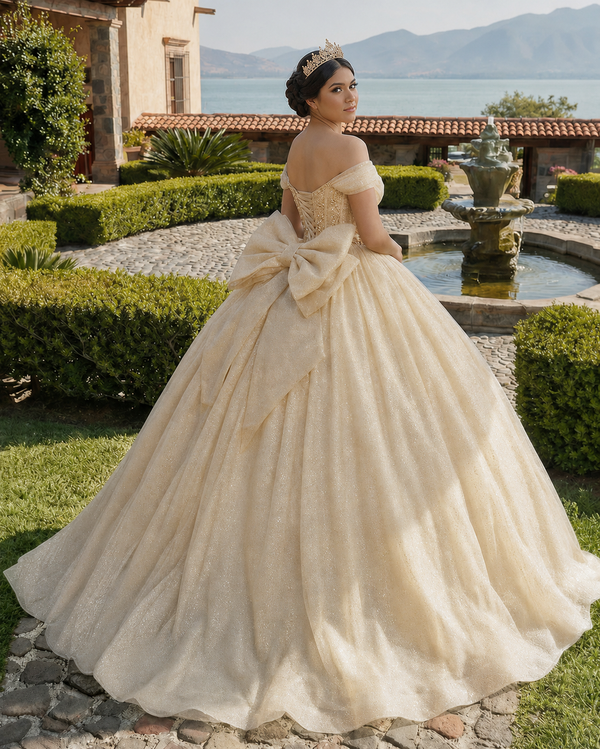 Glitter Off The Shoulder Beading Tulle Long Quinceanera Dresses - KissProm 