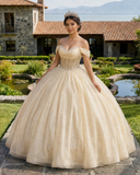 Glitter Off The Shoulder Beading Tulle Long Quinceanera Dresses - KissProm 