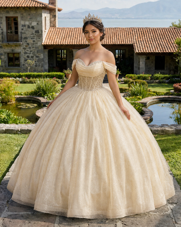 Glitter Off The Shoulder Beading Tulle Long Quinceanera Dresses - KissProm 