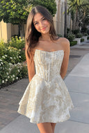 Champagne Jacquard A-Line Strapless Corset Homecoming Dress With Pearl | KISSPROM