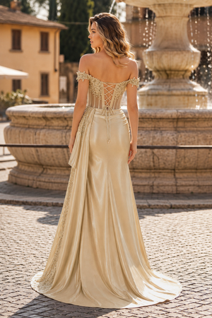 Off the Shoulder Satin Beaded Prom Dress With Appliques