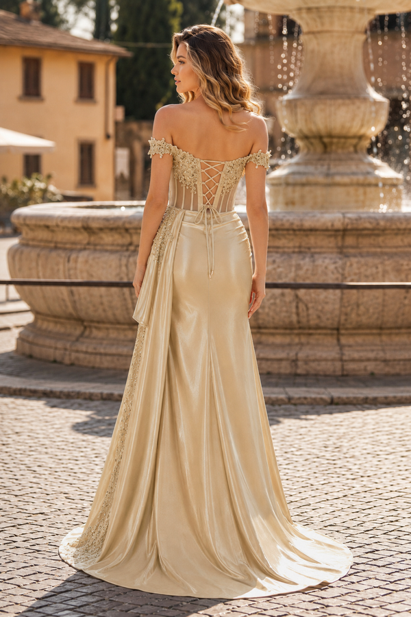 Off the Shoulder Satin Beaded Prom Dress With Appliques