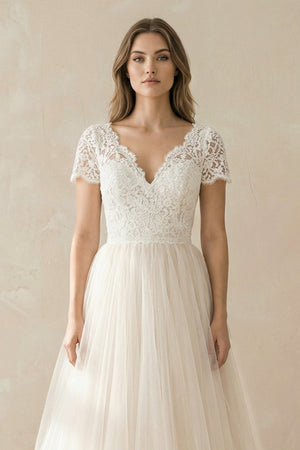 Champagne Lace Cap Sleeve A - Line Wedding Dress - KissProm Wedding Dresses