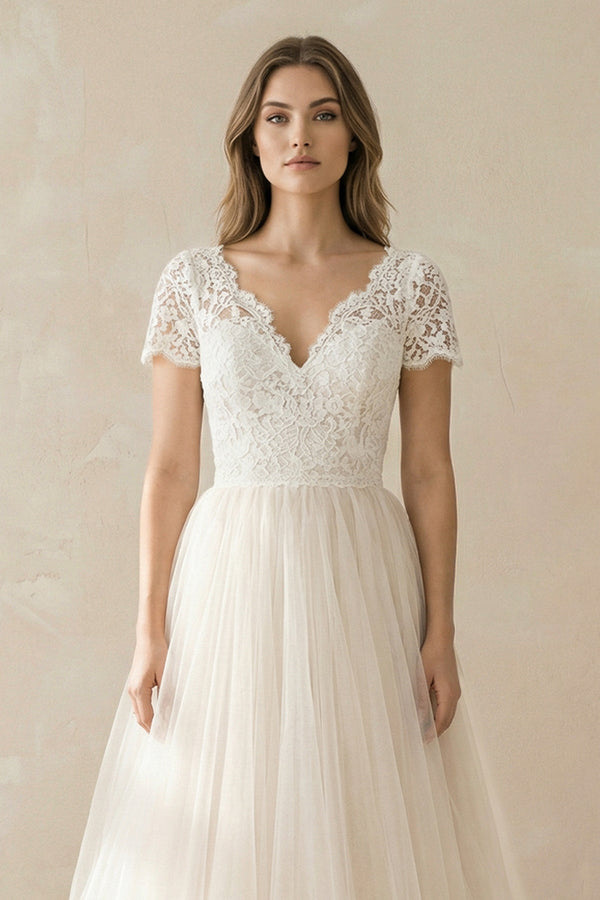 Champagne Lace Cap Sleeve A - Line Wedding Dress - KissProm Wedding Dresses