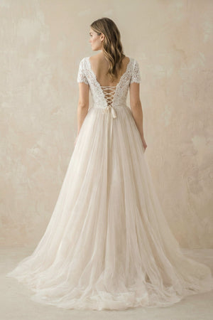 Champagne Lace Cap Sleeve A - Line Wedding Dress - KissProm Wedding Dresses