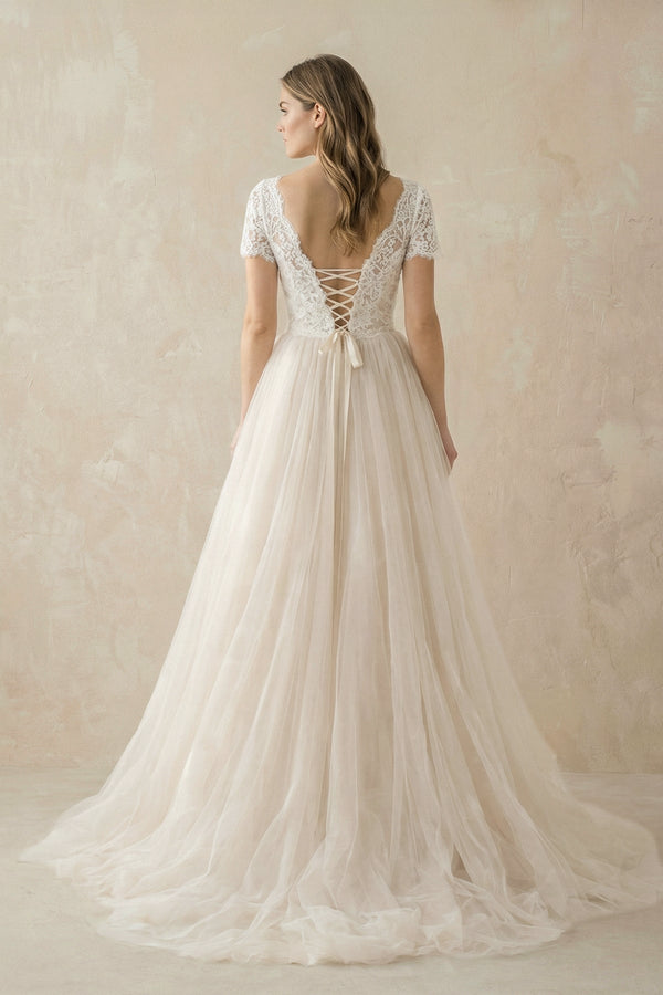Champagne Lace Cap Sleeve A - Line Wedding Dress - KissProm Wedding Dresses